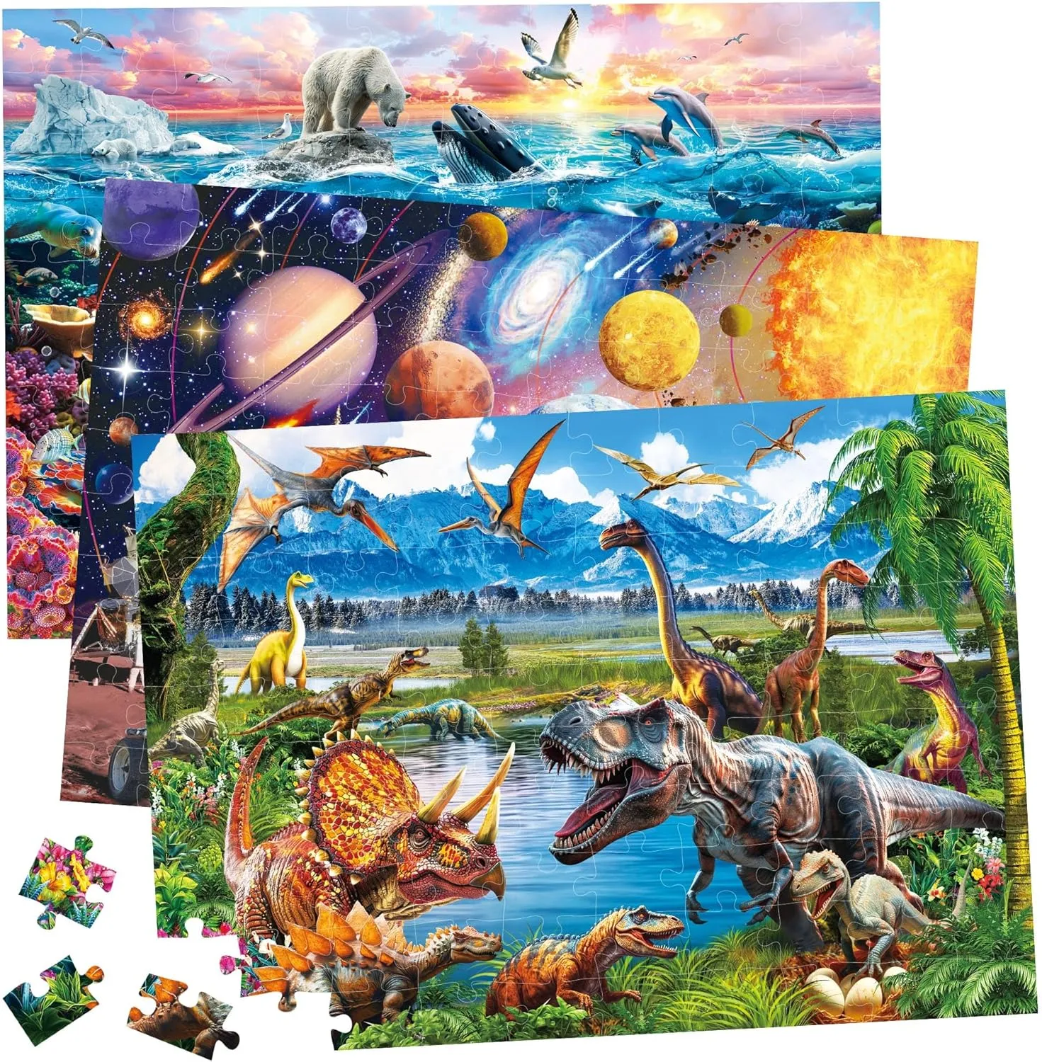 BenBen Puzzles for Kids Ages 4-6, 3 Pack 100 Pieces Puzzles for Toddlers 3-5 (Dinosaurs, Outer Space, Ocean Life), Learning & Educational Games for Kids 6-8, Toys for Boys Girls