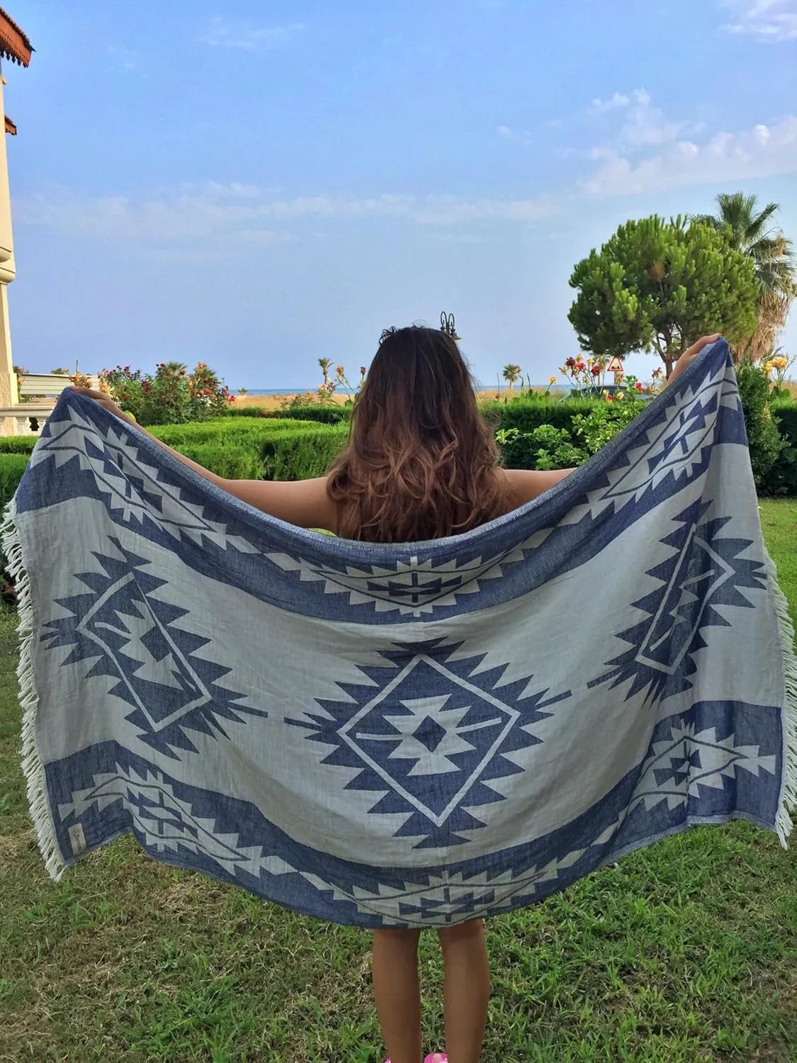 Bersuse 100% Cotton Tulum Turkish Towel Beach Towel Bath Towel Dual Layer Peshtemal Beach Blanket Beach Essentials - 37x70 Inches, Dark Blue