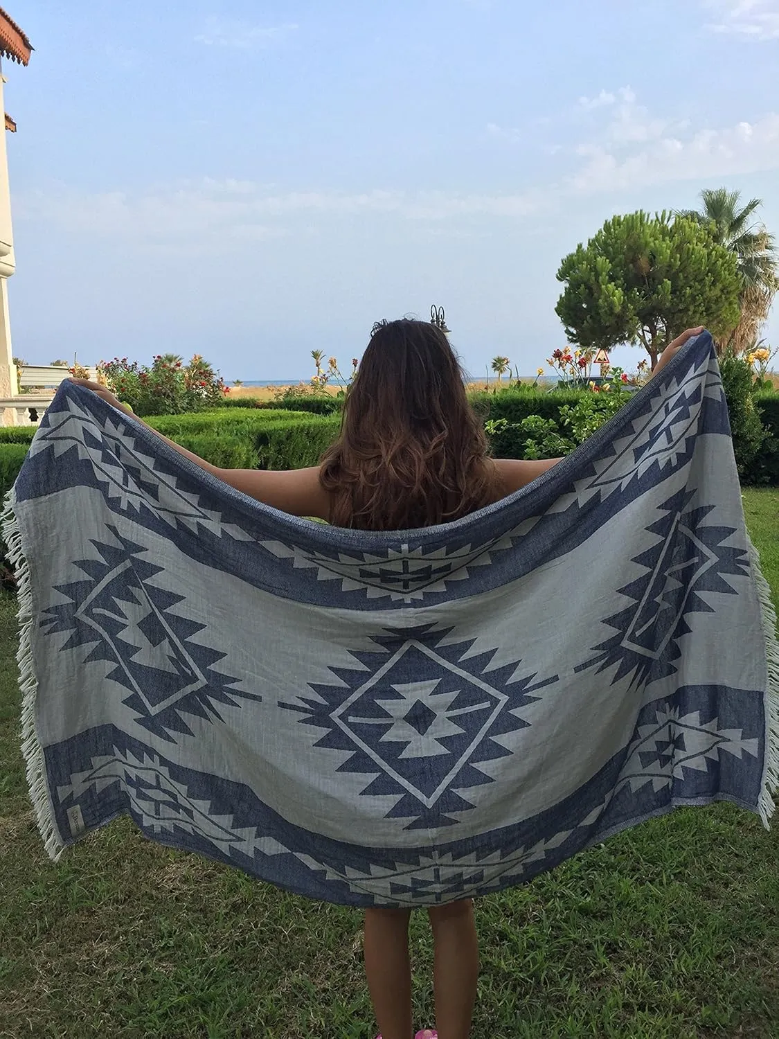 Bersuse 100% Cotton Tulum Turkish Towel Beach Towel Bath Towel Dual Layer Peshtemal Beach Blanket Beach Essentials - 37x70 Inches, Dark Blue