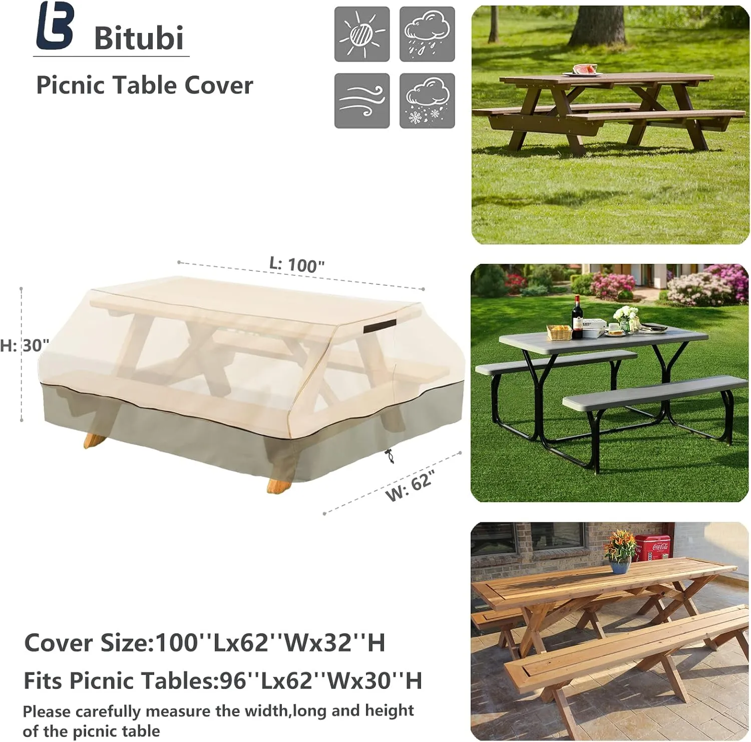 Bitubi 96 Inch Heavy Duty Waterproof Picnic Table Cover - 600D Tough Canvas Wind Dust Proof Anti-UV Outdoor Patio Table Bench Covers Winter