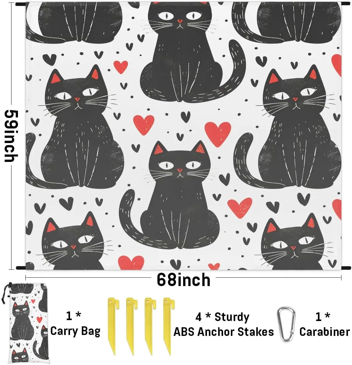 Black Cat Beach Blanket, Sandproof Beach Mat, 68 x 59 Waterproof Quick Drying Sand Free Mat with 4 x Ground Spikes for Outdoor Travel Camping Hiking, Cartoon Kittens