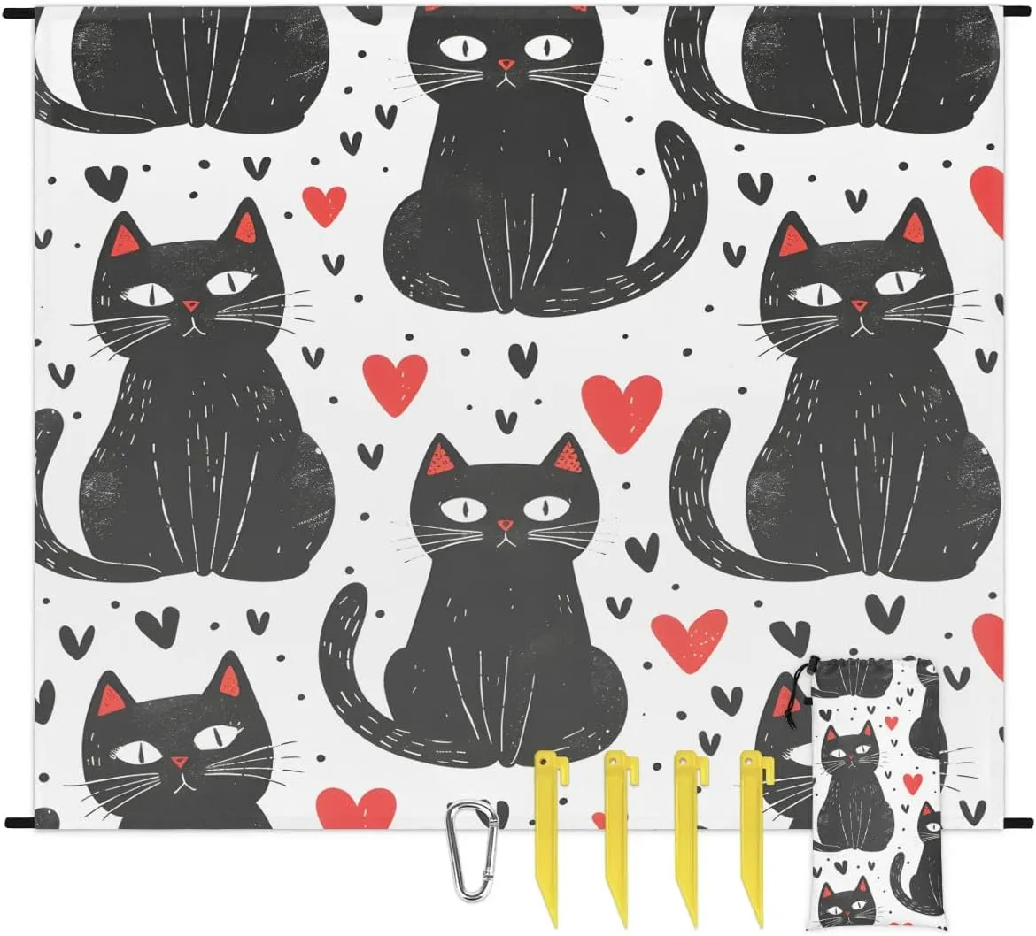 Black Cat Beach Blanket, Sandproof Beach Mat, 68 x 59 Waterproof Quick Drying Sand Free Mat with 4 x Ground Spikes for Outdoor Travel Camping Hiking, Cartoon Kittens
