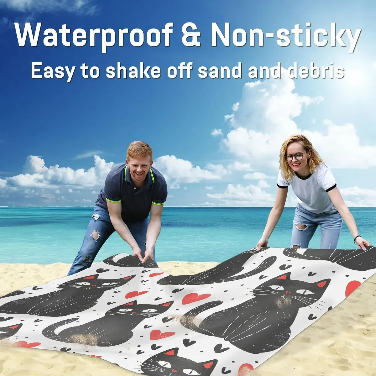 Black Cat Beach Blanket, Sandproof Beach Mat, 68 x 59 Waterproof Quick Drying Sand Free Mat with 4 x Ground Spikes for Outdoor Travel Camping Hiking, Cartoon Kittens
