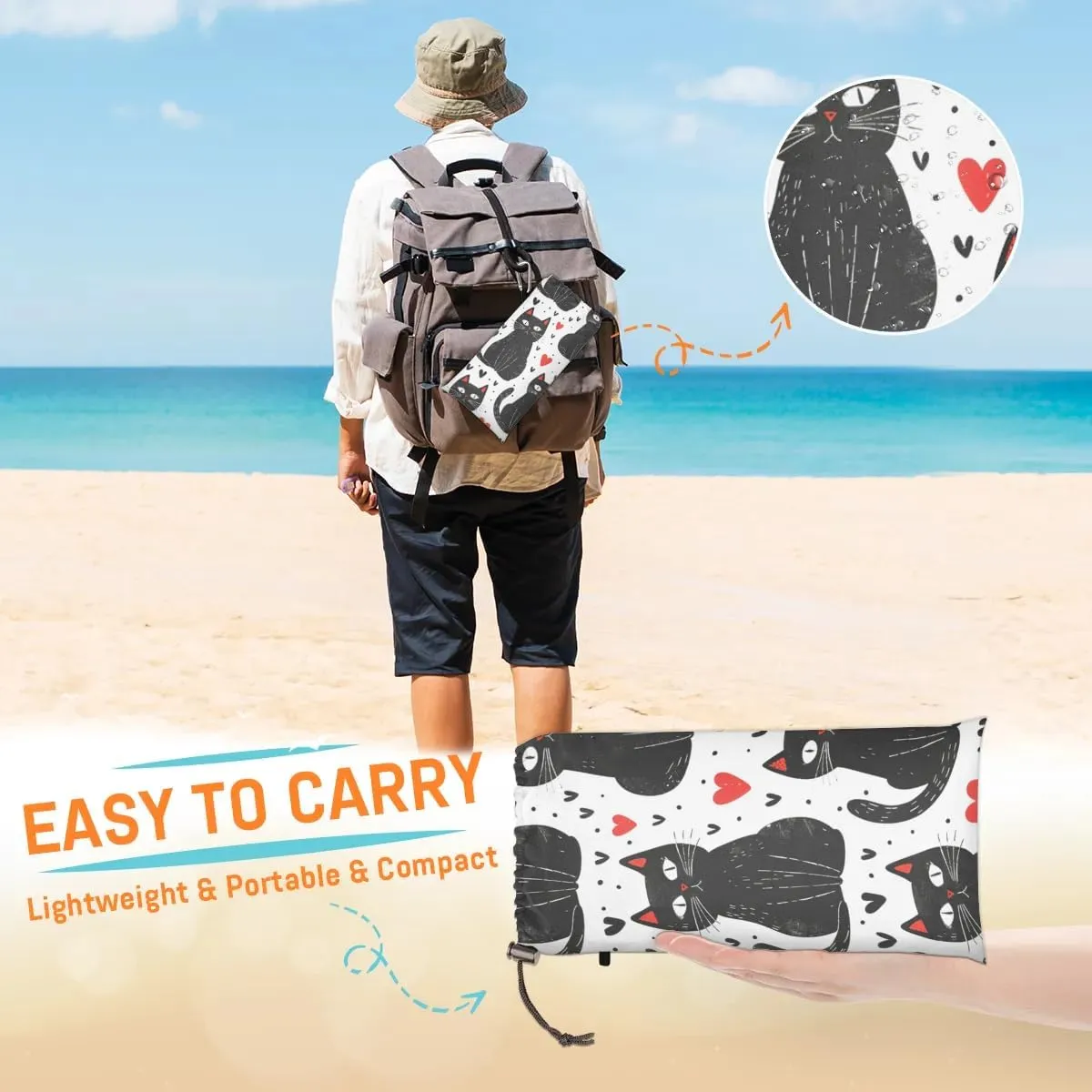 Black Cat Beach Blanket, Sandproof Beach Mat, 68 x 59 Waterproof Quick Drying Sand Free Mat with 4 x Ground Spikes for Outdoor Travel Camping Hiking, Cartoon Kittens