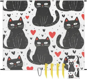 Black Cat Beach Blanket, Sandproof Beach Mat, 68 x 59 Waterproof Quick Drying Sand Free Mat with 4 x Ground Spikes for Outdoor Travel Camping Hiking, Cartoon Kittens