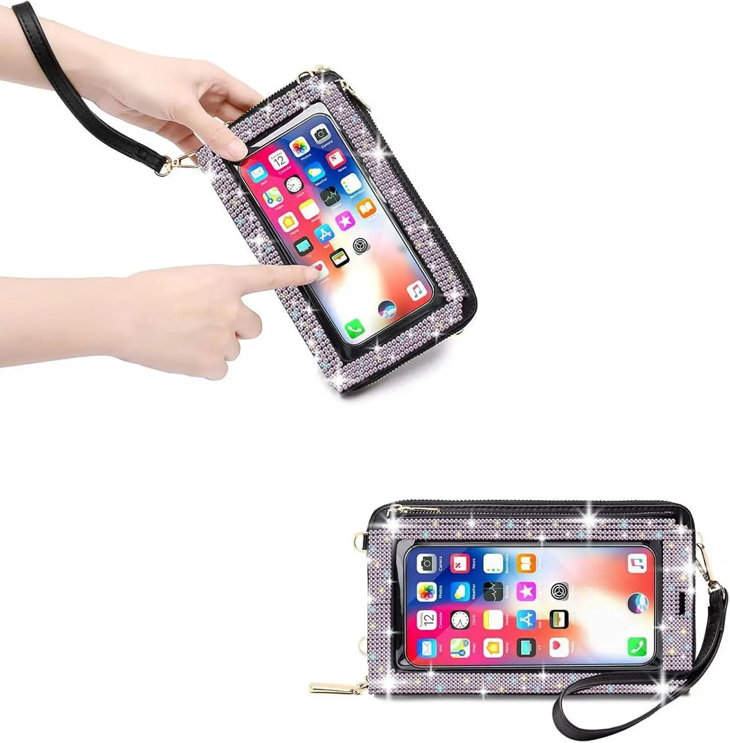 Bling Rhinestone RFID Blocking Touch Screen Phone Bag Womens Wallet Wristlet Clutch Large Capacity Card Phone Holder