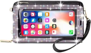 Bling Rhinestone RFID Blocking Touch Screen Phone Bag Womens Wallet Wristlet Clutch Large Capacity Card Phone Holder