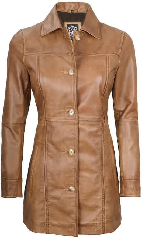 Blingsoul Womens Leather Jacket - Vintage Style Long Leather Jacket Women