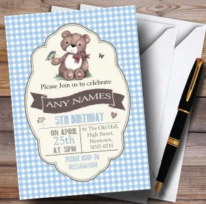 Blue Boys Teddy Bear Picnic Childrens Birthday Party Invitations