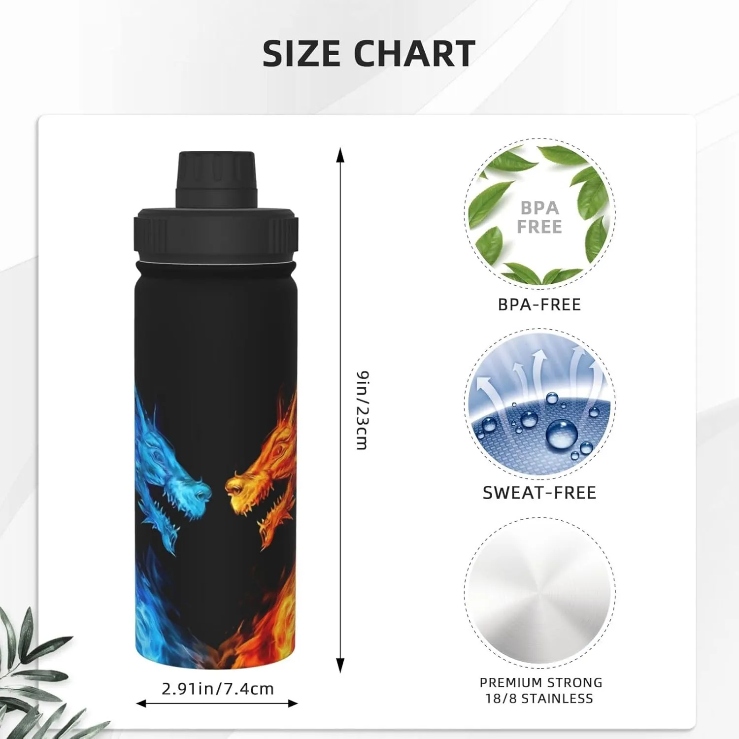Blue Red Fiery Dragon 18 OZ Insulated Stainless Steel Bottles, Sports Water Tumbler with Lid Unisex Insulated Water Cup for Outdoor Sports Hiking Cycling﻿