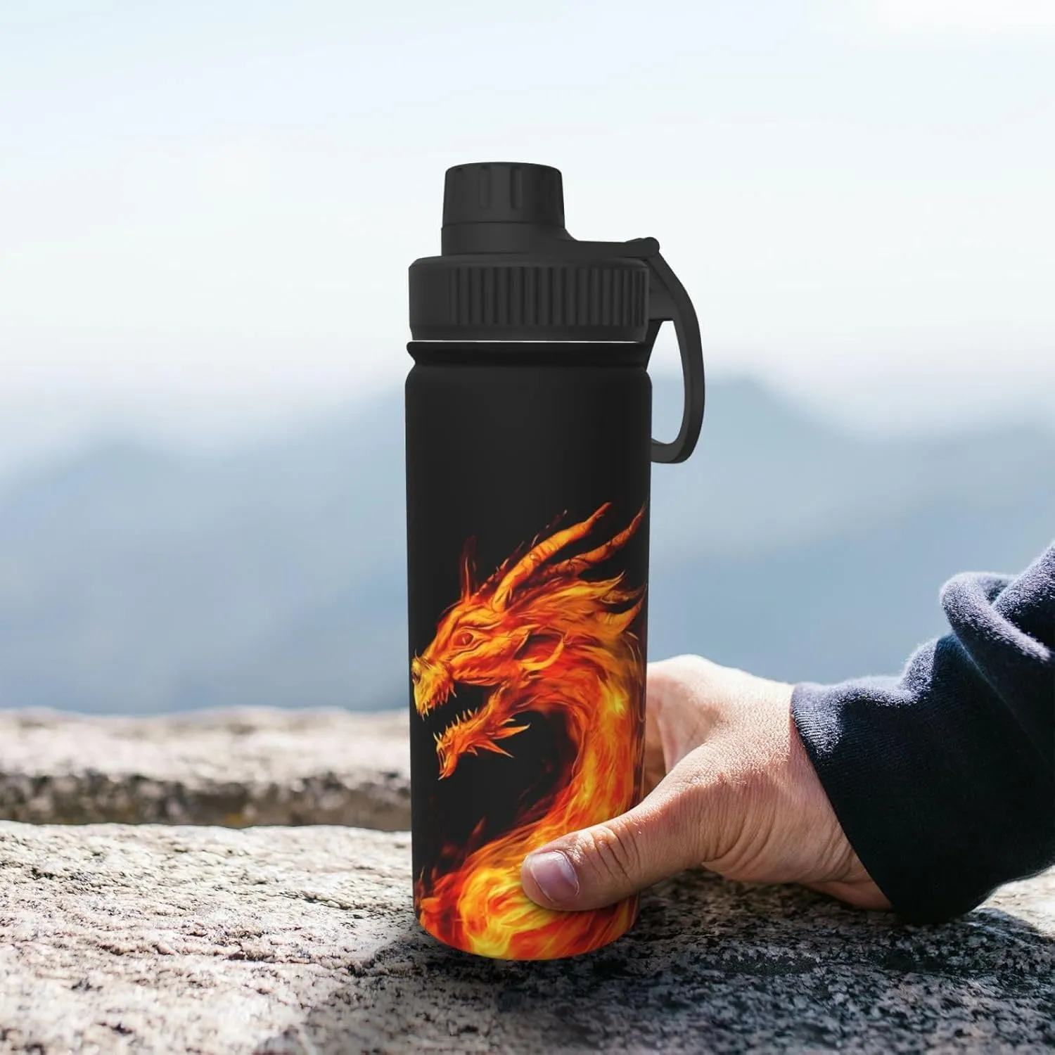 Blue Red Fiery Dragon 18 OZ Insulated Stainless Steel Bottles, Sports Water Tumbler with Lid Unisex Insulated Water Cup for Outdoor Sports Hiking Cycling﻿
