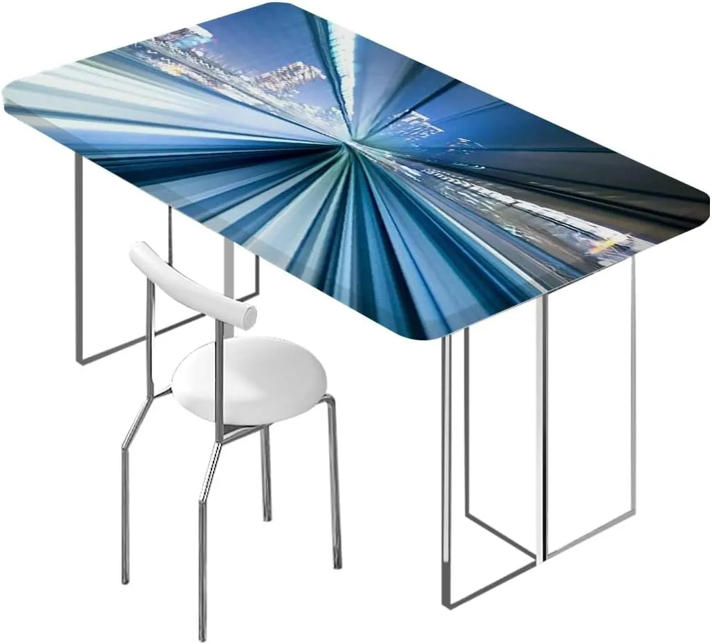 Blue White and Dark Blue Rectangular Table Covers, Yurikamome Tokyo Elastic Edge, Waterproof and wipeable Abstract Fits up 5 Foot Tables