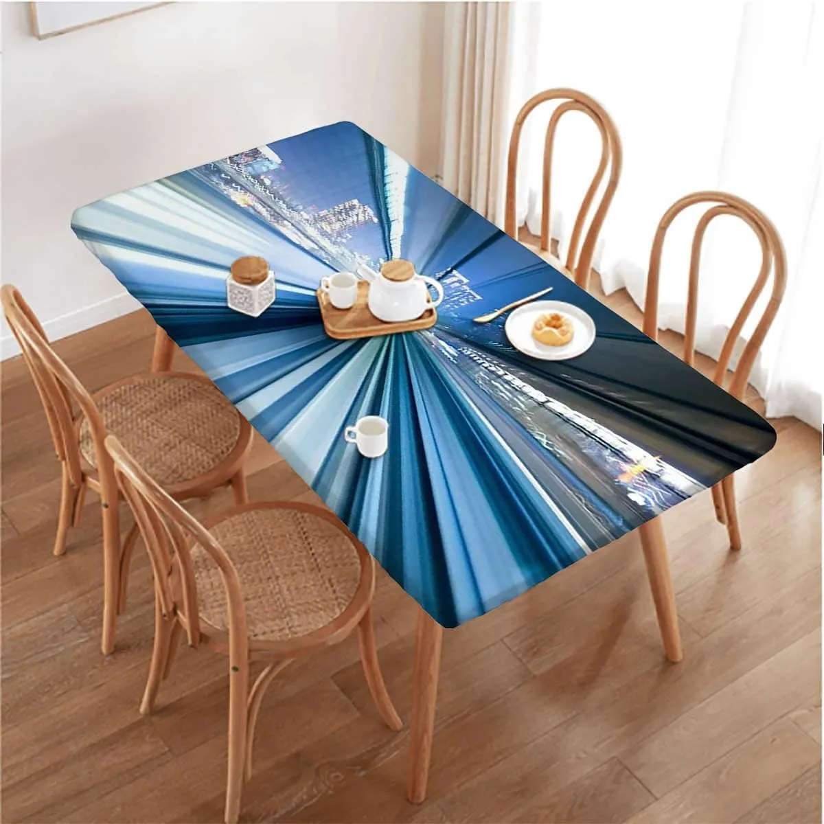 Blue White and Dark Blue Rectangular Table Covers, Yurikamome Tokyo Elastic Edge, Waterproof and wipeable Abstract Fits up 5 Foot Tables