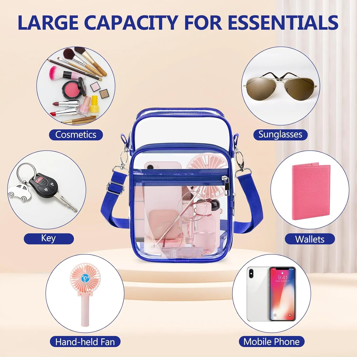 Blvornl Clear Crossbody Bag with Adjustable Shoulder Strap, Stadium Approved PVC Clear Purse Bag, Clear Messenger Bag