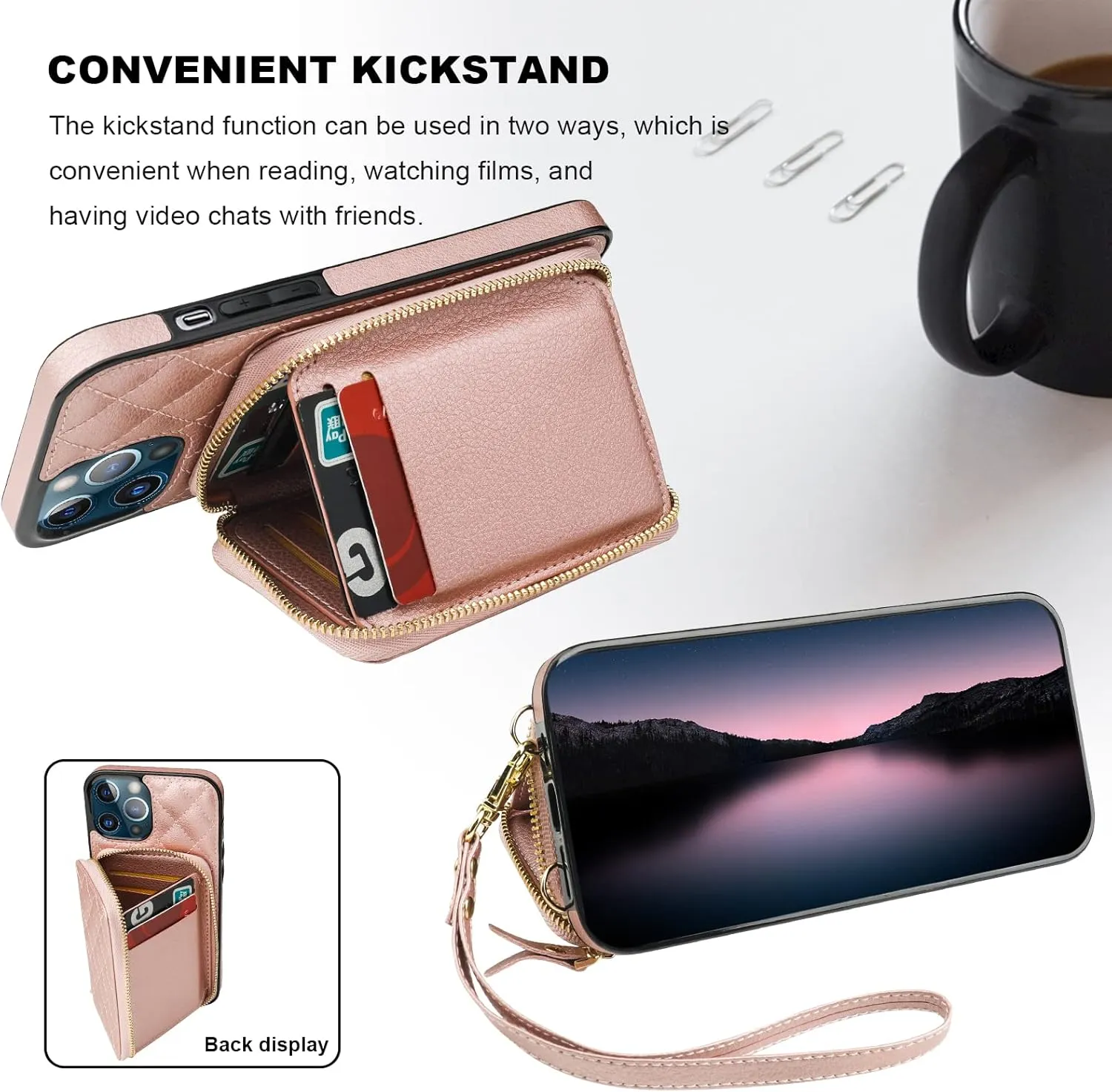 Bocasal Crossbody Wallet Case for iPhone 12 Pro Max, RFID Blocking PU Leather Zipper Handbag Purse Flip Cover, Kickstand Folio Case with Card Slots Holder Wrist Strap Lanyard 5G 6.7 Inch (Rose Gold)