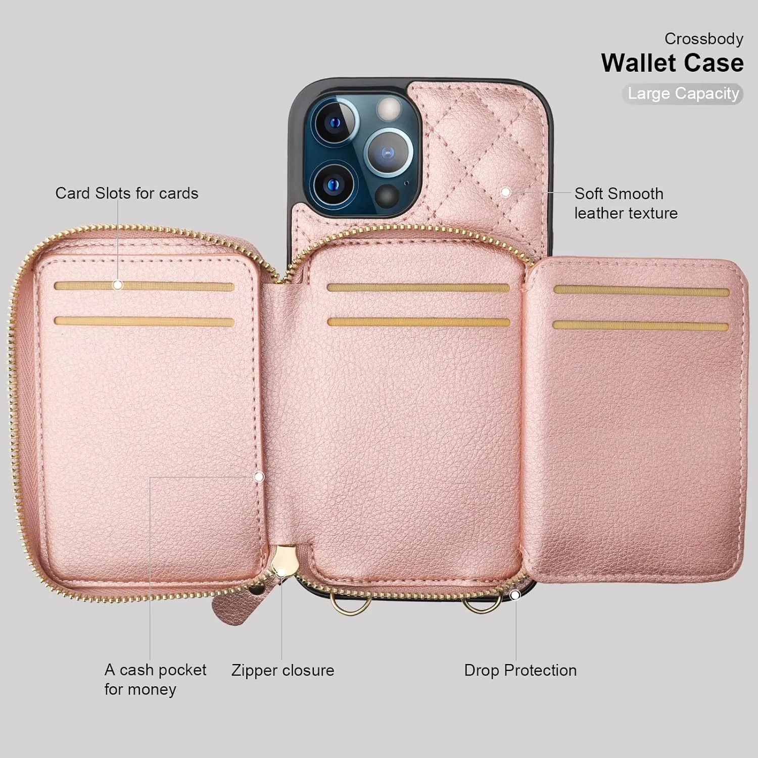 Bocasal Crossbody Wallet Case for iPhone 12 Pro Max, RFID Blocking PU Leather Zipper Handbag Purse Flip Cover, Kickstand Folio Case with Card Slots Holder Wrist Strap Lanyard 5G 6.7 Inch (Rose Gold)
