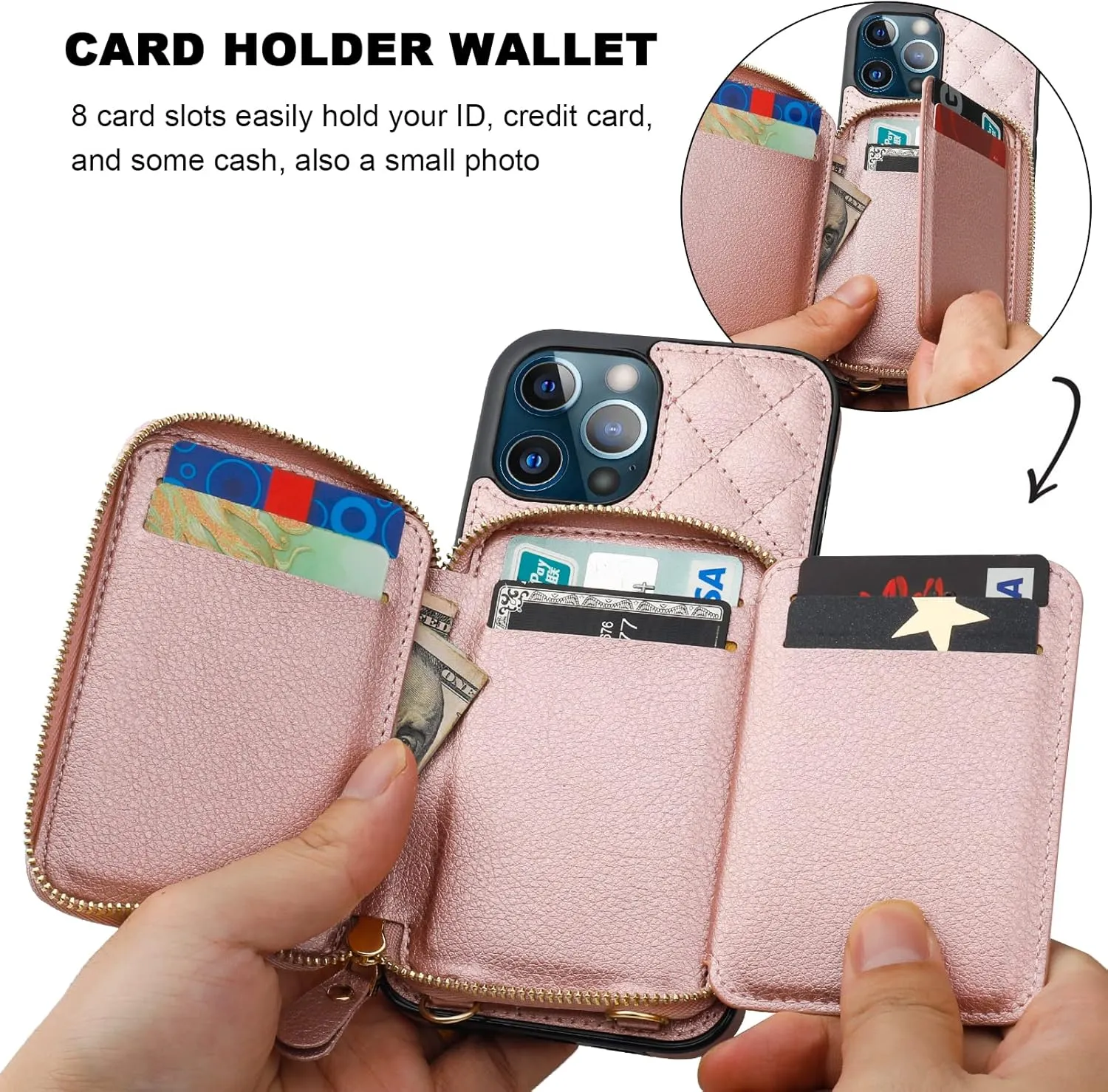 Bocasal Crossbody Wallet Case for iPhone 12 Pro Max, RFID Blocking PU Leather Zipper Handbag Purse Flip Cover, Kickstand Folio Case with Card Slots Holder Wrist Strap Lanyard 5G 6.7 Inch (Rose Gold)