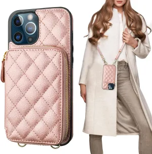 Bocasal Crossbody Wallet Case for iPhone 12 Pro Max, RFID Blocking PU Leather Zipper Handbag Purse Flip Cover, Kickstand Folio Case with Card Slots Holder Wrist Strap Lanyard 5G 6.7 Inch (Rose Gold)