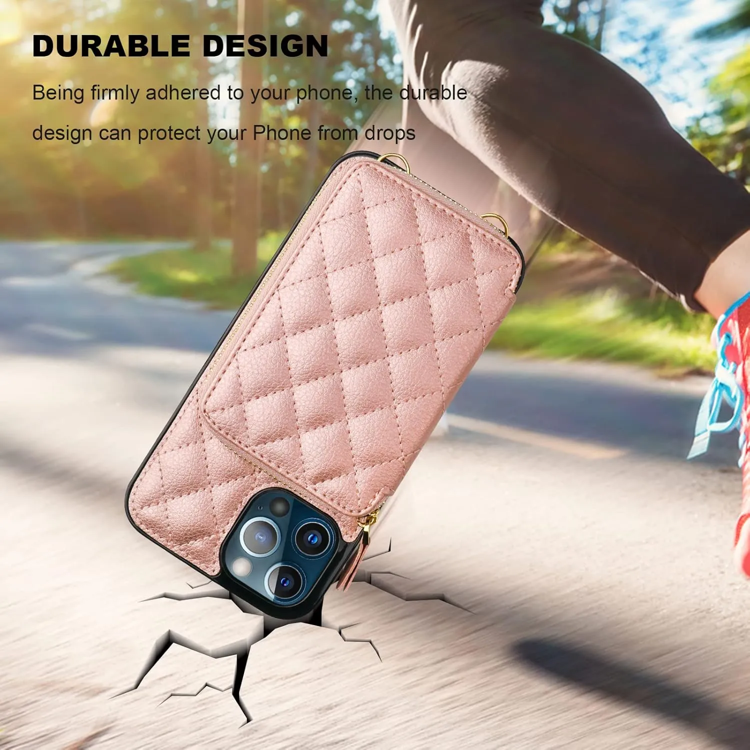 Bocasal Crossbody Wallet Case for iPhone 12 Pro Max, RFID Blocking PU Leather Zipper Handbag Purse Flip Cover, Kickstand Folio Case with Card Slots Holder Wrist Strap Lanyard 5G 6.7 Inch (Rose Gold)