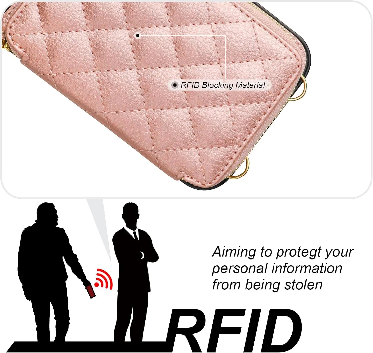Bocasal Crossbody Wallet Case for iPhone 12 Pro Max, RFID Blocking PU Leather Zipper Handbag Purse Flip Cover, Kickstand Folio Case with Card Slots Holder Wrist Strap Lanyard 5G 6.7 Inch (Rose Gold)
