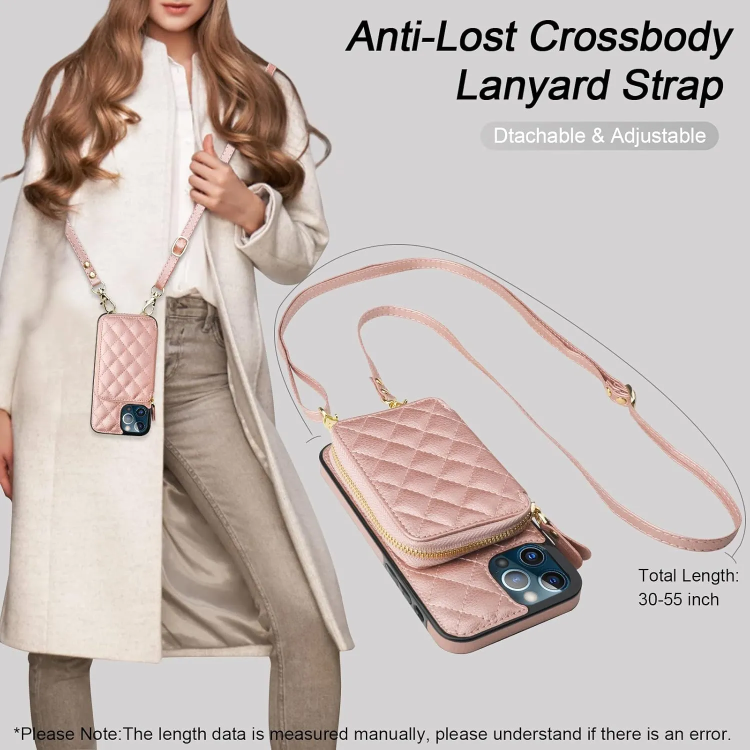 Bocasal Crossbody Wallet Case for iPhone 12 Pro Max, RFID Blocking PU Leather Zipper Handbag Purse Flip Cover, Kickstand Folio Case with Card Slots Holder Wrist Strap Lanyard 5G 6.7 Inch (Rose Gold)