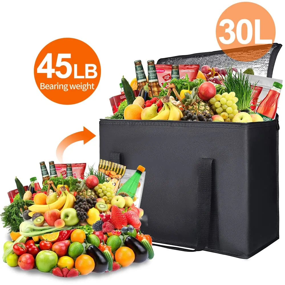 Bodaon 1-Pack Insulated Reusable Grocery Shopping Bags, X-Large Picnic Cooler Bag with Zipper Zippered Top Cold, Insulated Food/Pizza Delivery Bag (Black)