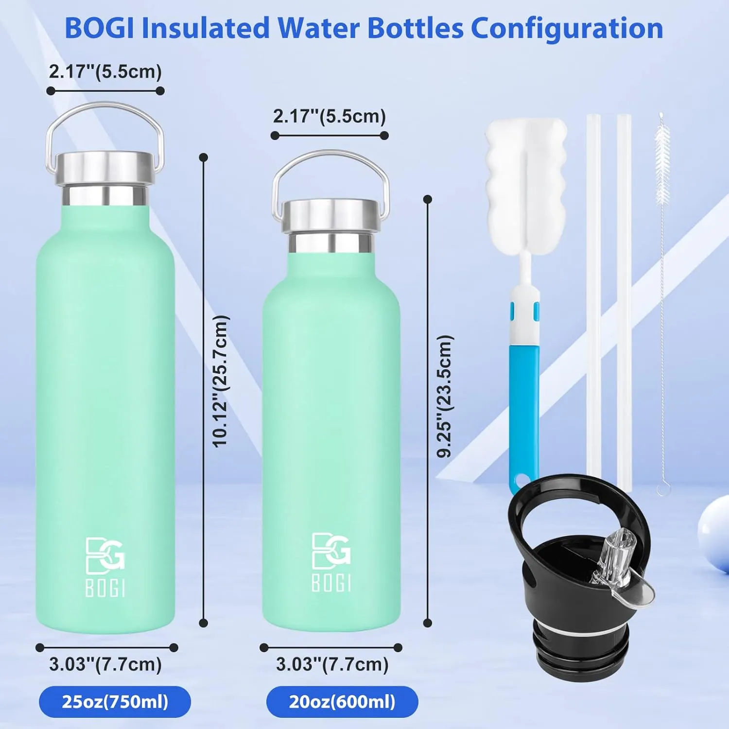 BOGI 20oz Insulated Water Bottle, 2 Pack Wide Mouth Stainless Steel Water Bottles Leakproof Metal Water Bottle with Straw and Handle BPA Free Steel Water Bottle for School Fitness Outdoor Sports