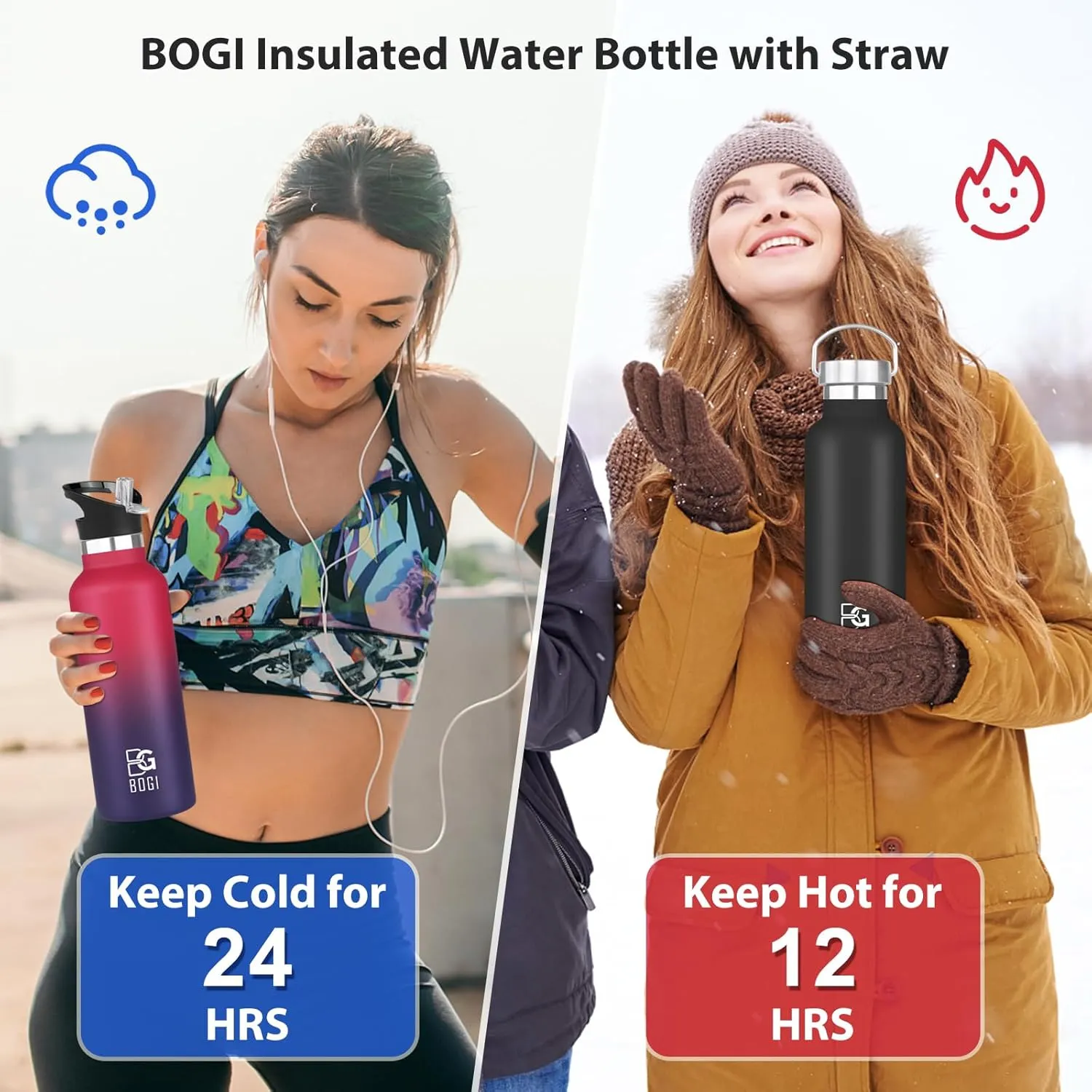 BOGI 20oz Insulated Water Bottle, 2 Pack Wide Mouth Stainless Steel Water Bottles Leakproof Metal Water Bottle with Straw and Handle BPA Free Steel Water Bottle for School Fitness Outdoor Sports