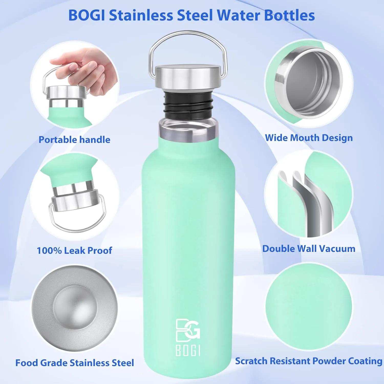 BOGI 20oz Insulated Water Bottle, 2 Pack Wide Mouth Stainless Steel Water Bottles Leakproof Metal Water Bottle with Straw and Handle BPA Free Steel Water Bottle for School Fitness Outdoor Sports