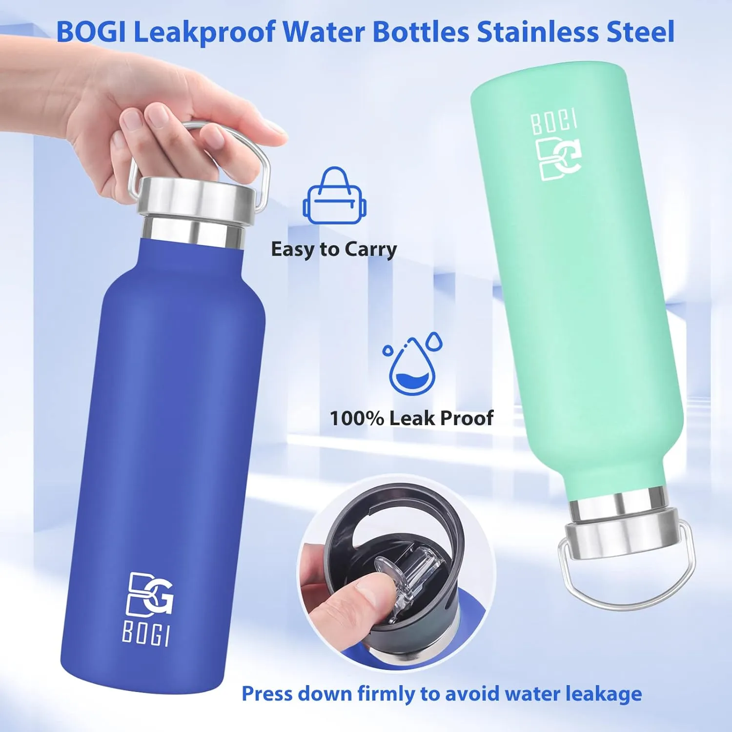 BOGI 20oz Insulated Water Bottle, 2 Pack Wide Mouth Stainless Steel Water Bottles Leakproof Metal Water Bottle with Straw and Handle BPA Free Steel Water Bottle for School Fitness Outdoor Sports