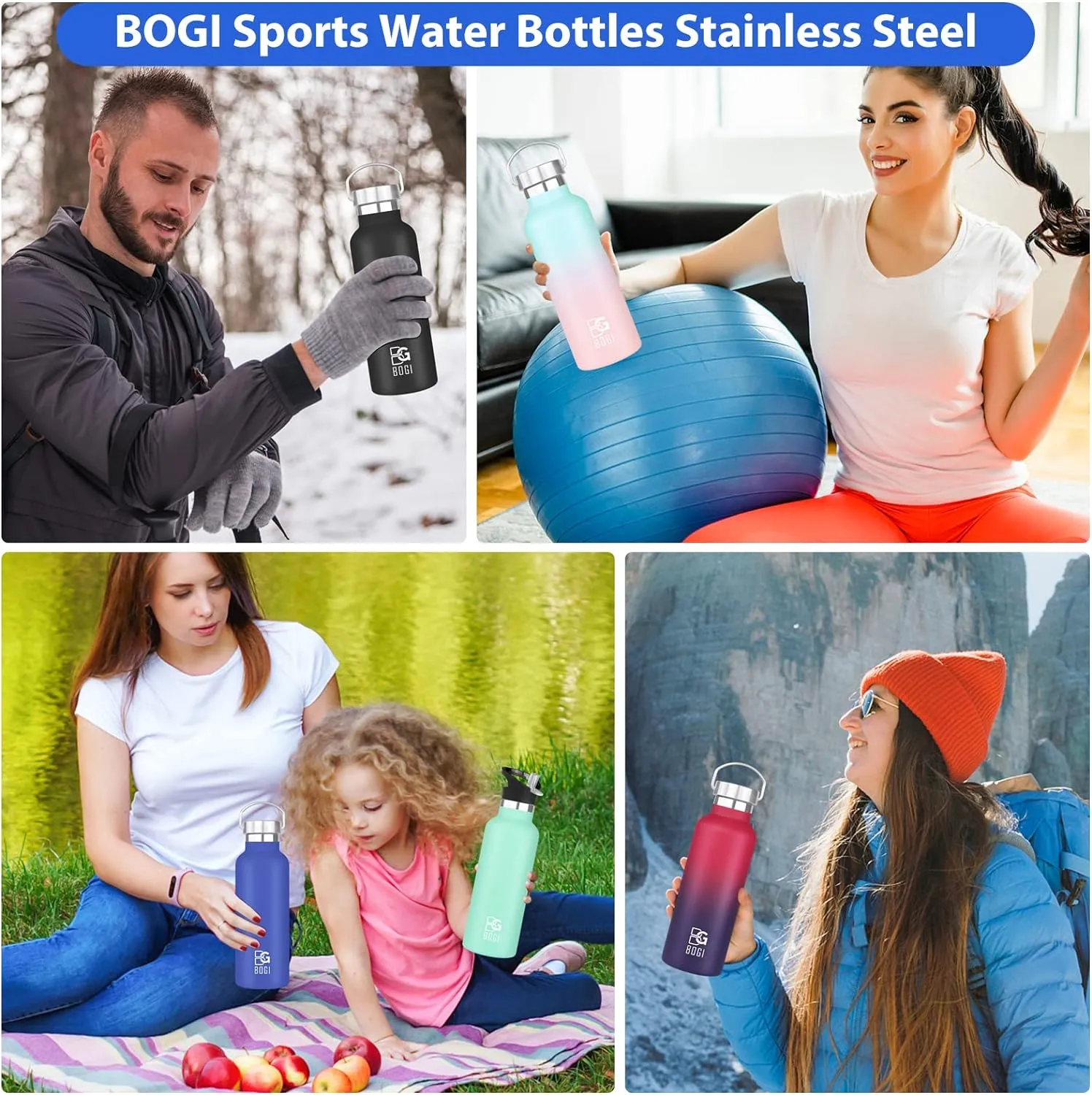 BOGI 20oz Insulated Water Bottle, 2 Pack Wide Mouth Stainless Steel Water Bottles Leakproof Metal Water Bottle with Straw and Handle BPA Free Steel Water Bottle for School Fitness Outdoor Sports