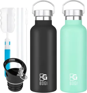 BOGI 20oz Insulated Water Bottle, 2 Pack Wide Mouth Stainless Steel Water Bottles Leakproof Metal Water Bottle with Straw and Handle BPA Free Steel Water Bottle for School Fitness Outdoor Sports