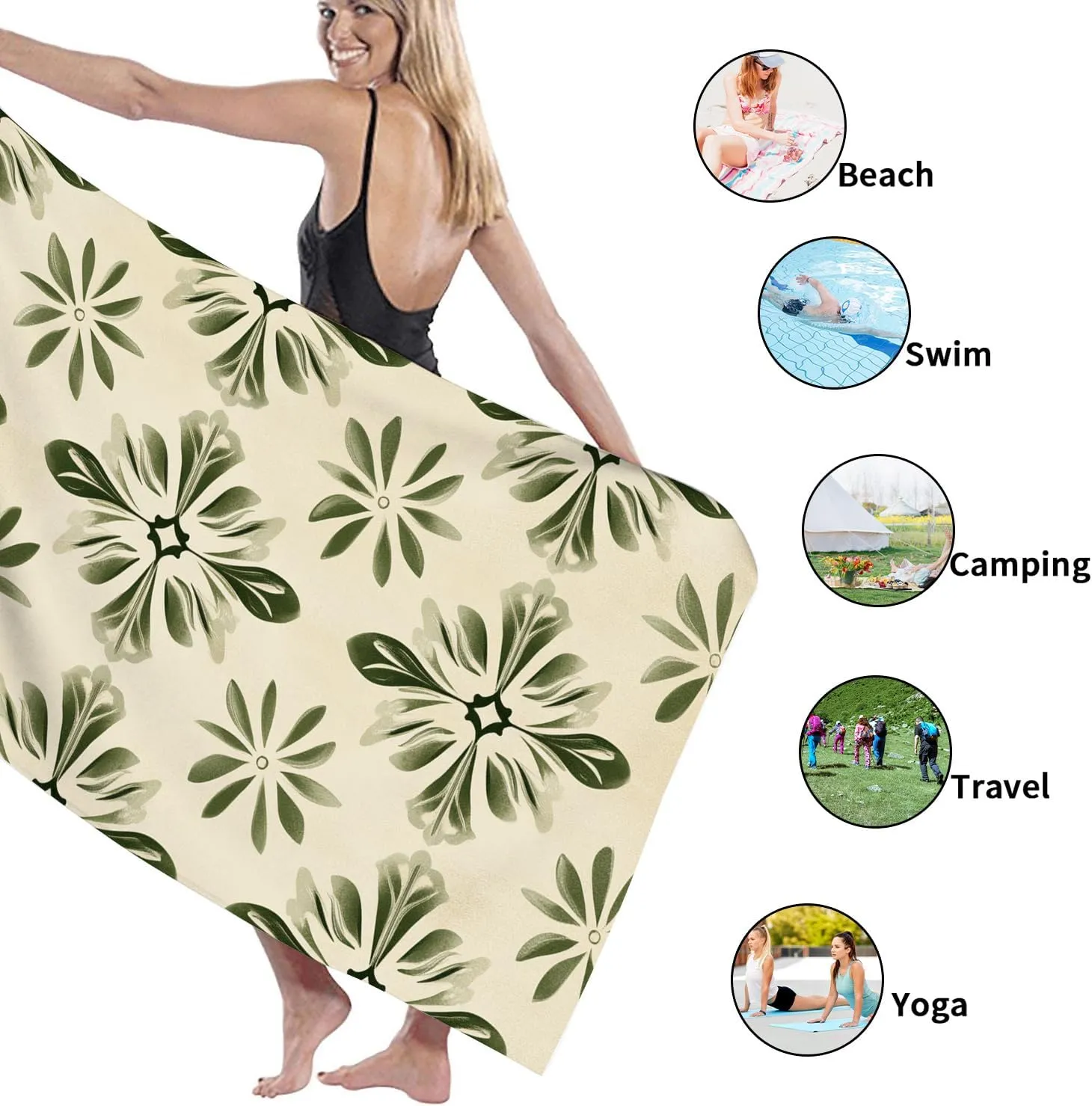 Bohemian Leaf Microfiber Beach Towel Tropical Botanical Pattern Quick Dry Absorbent Sand Free Lightweight Beach Blanket, Summer Pool Picnic Essentials 62x31 Inch