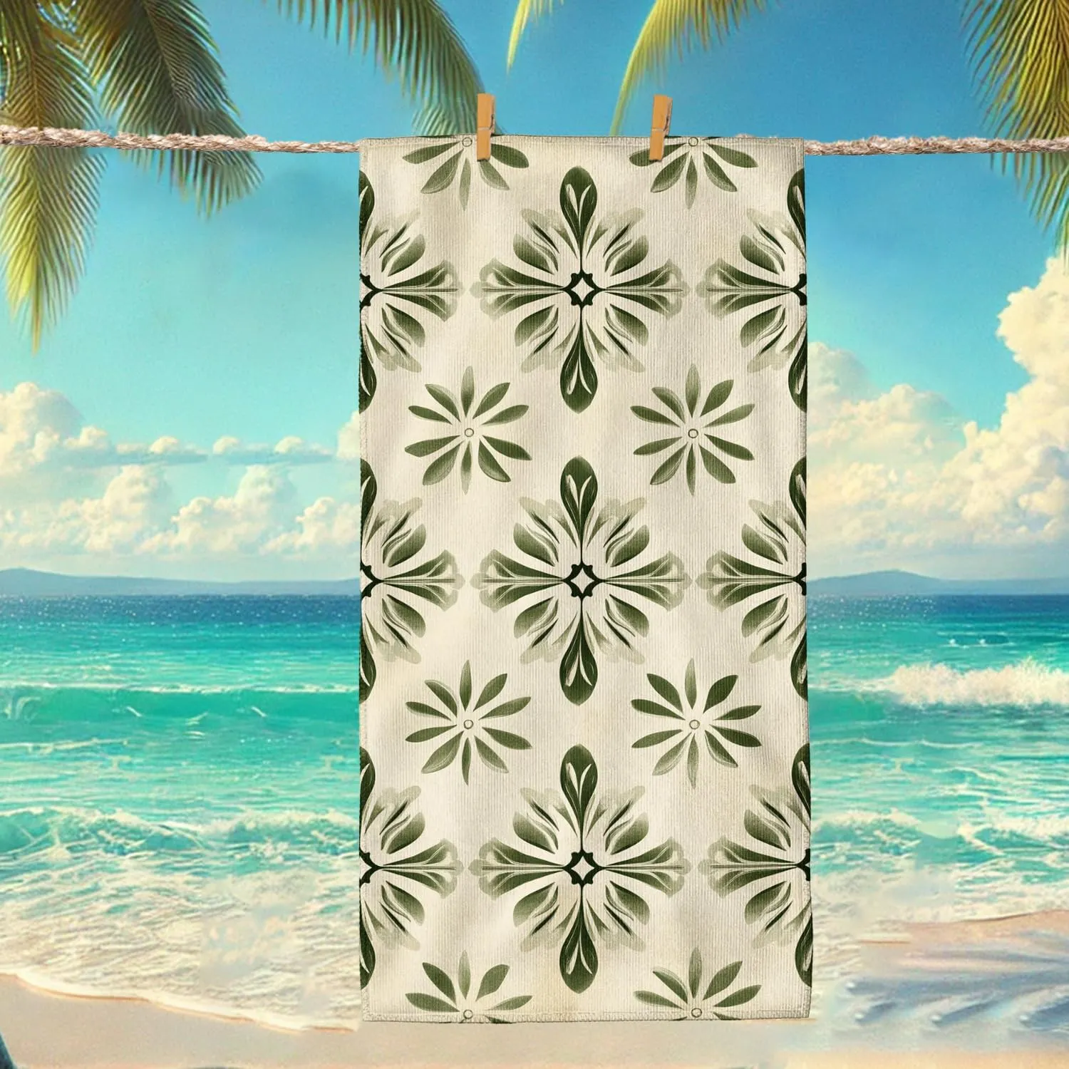 Bohemian Leaf Microfiber Beach Towel Tropical Botanical Pattern Quick Dry Absorbent Sand Free Lightweight Beach Blanket, Summer Pool Picnic Essentials 62x31 Inch