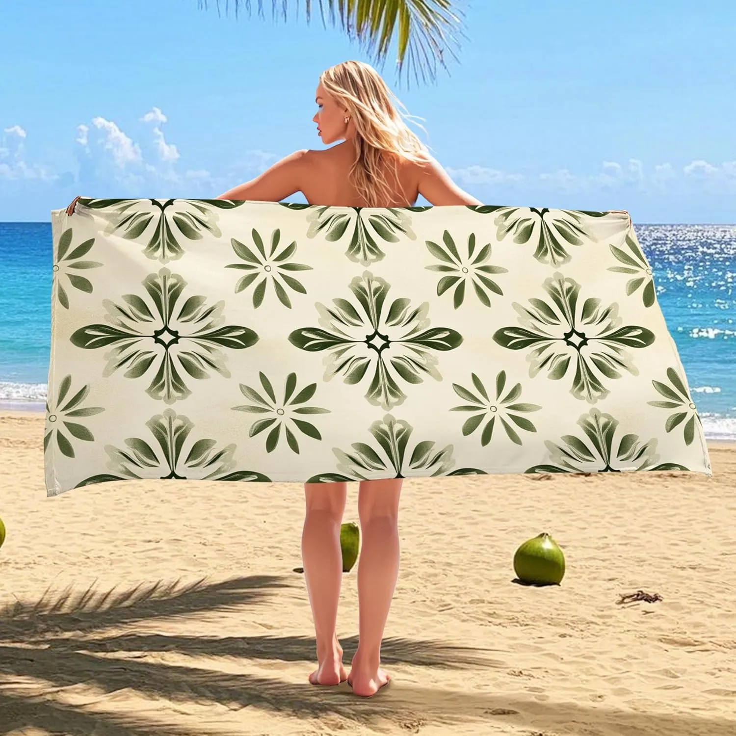 Bohemian Leaf Microfiber Beach Towel Tropical Botanical Pattern Quick Dry Absorbent Sand Free Lightweight Beach Blanket, Summer Pool Picnic Essentials 62x31 Inch