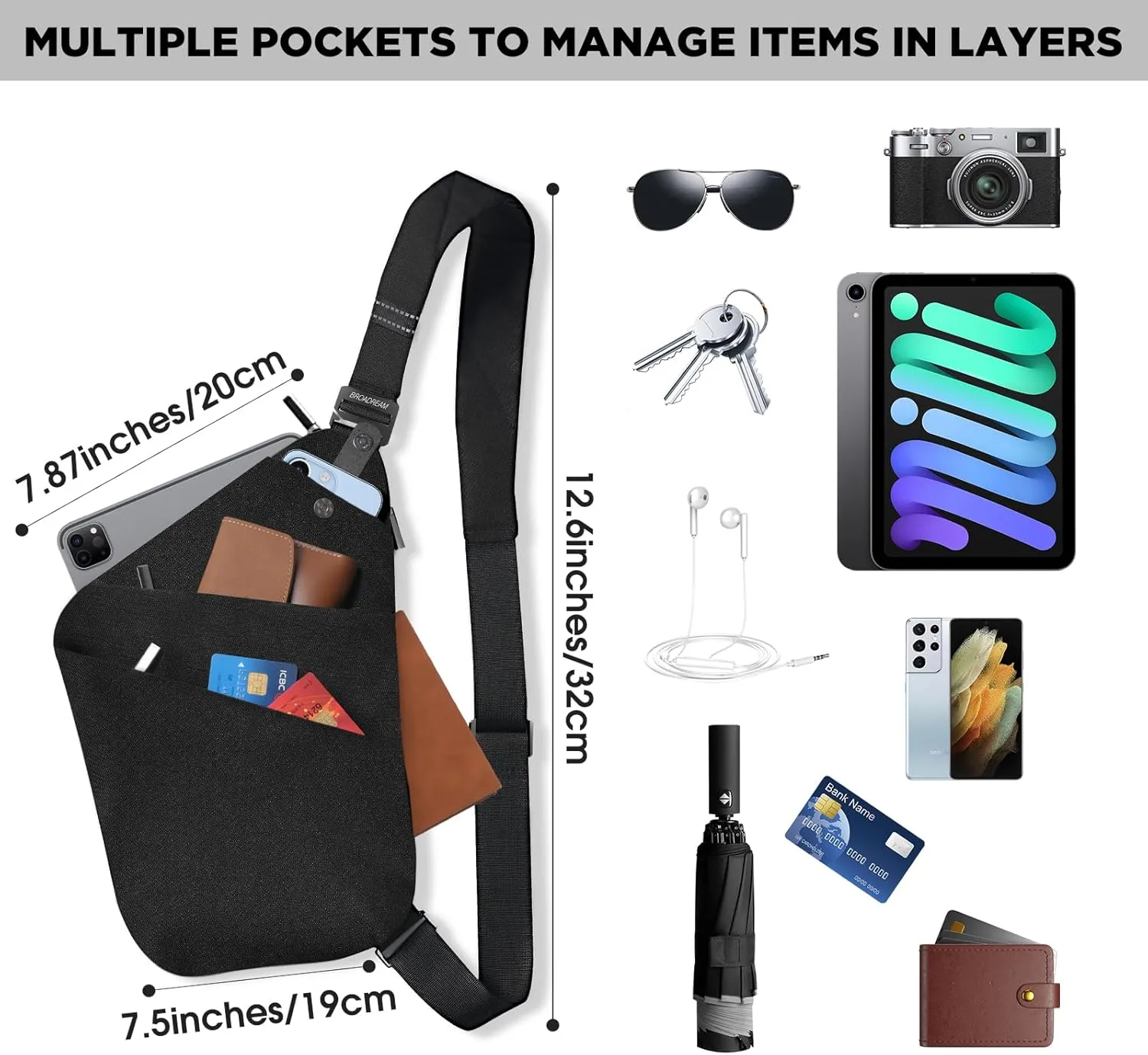 BROADREAM Anti Theft Crossbody Bag for Men Women - Slim Sling Bag Crossbody Shoulder Bag for Travel Hiking Sport Casual