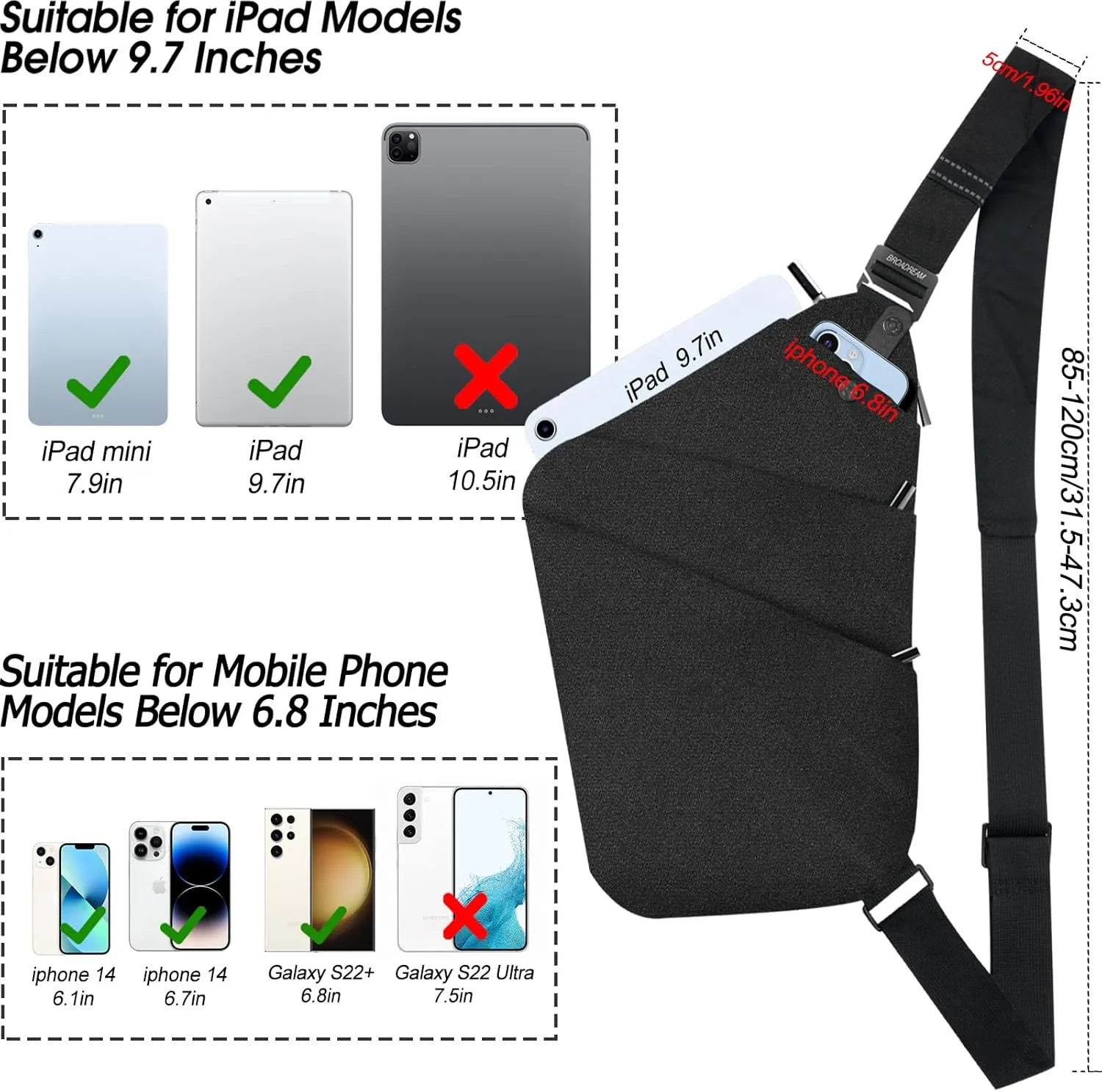 BROADREAM Anti Theft Crossbody Bag for Men Women - Slim Sling Bag Crossbody Shoulder Bag for Travel Hiking Sport Casual