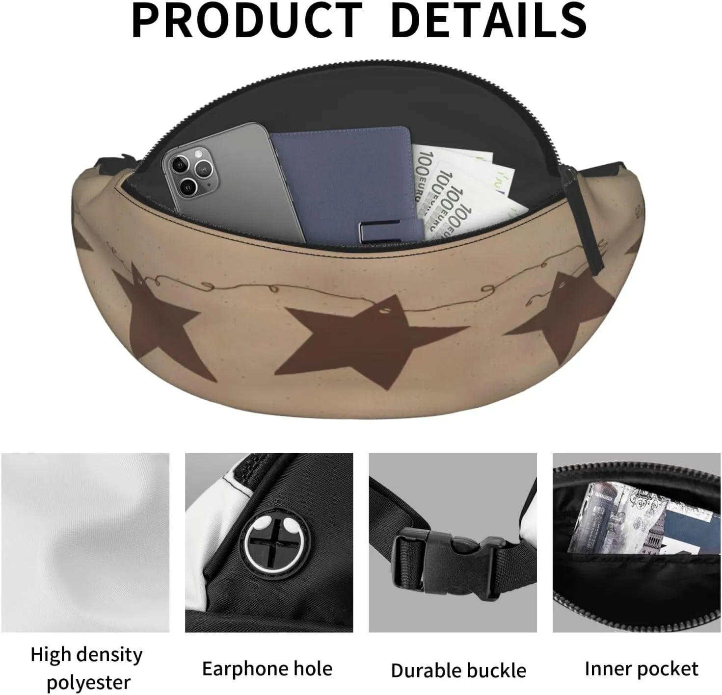 Brown Vintage Rusty Stars Primitive Country Waist Packs Unisex Adjustable Shoulder Strap Messenger Bag Sports Travel Running Leisure Waist Bag