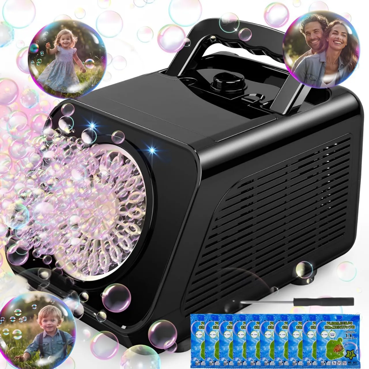 Bubble Machine, Automatic Bubble Blower with 20000  Bubbles Per Minute, Portable Bubble Machine for Kids and Toddler with 2 Speed Levels, Outdoor Toys for Parties, Birthday, Wedding, Christmas, Black