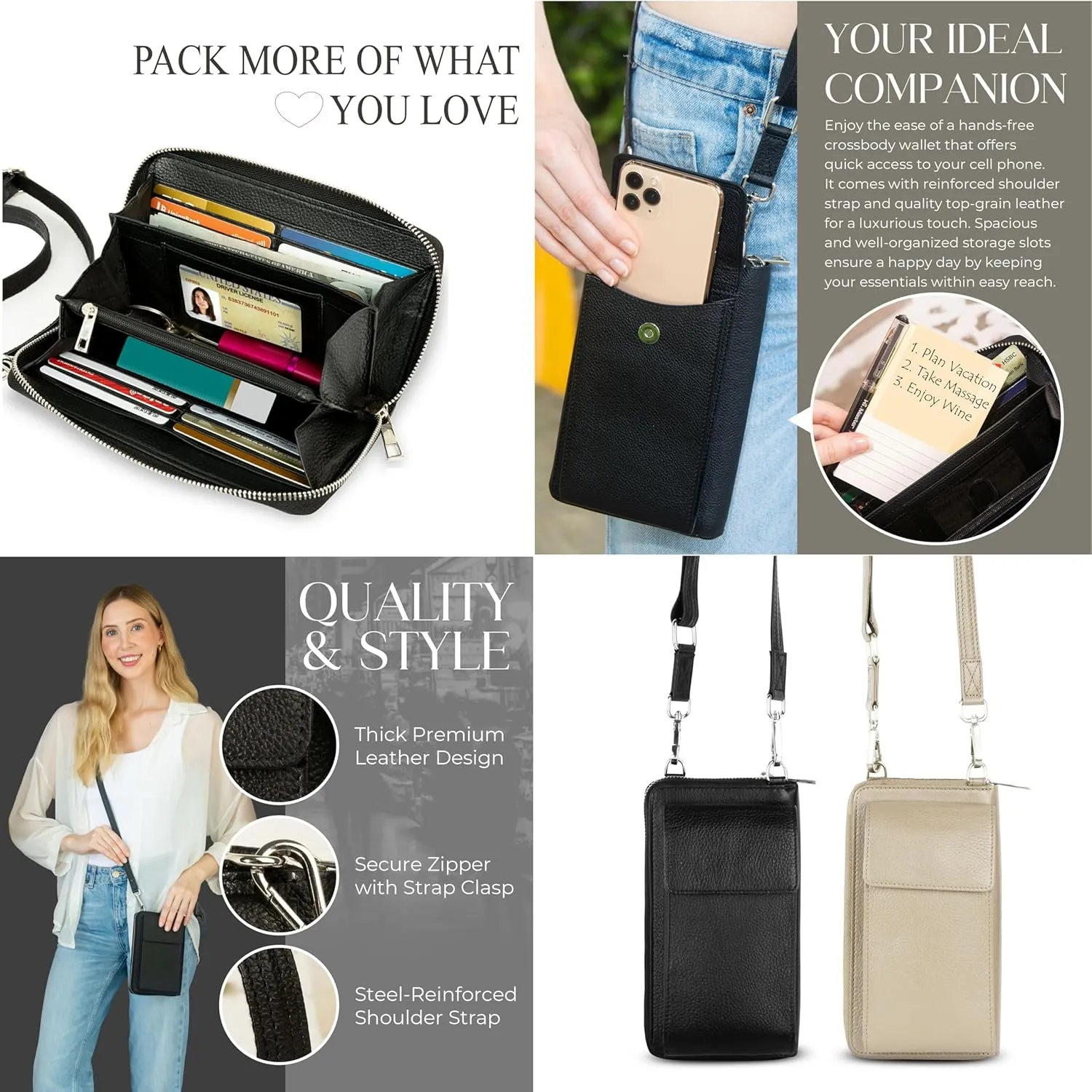 BULL GUARD Crossbody Leather Wallet Phone Purse, Anti Theft and RFID Blocking, Small Elegant Design for Travel