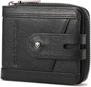 BULLCAPTAIN Genuine Leather Men's Wallet with Zipper Vintage RFID Blocking Large Capacity Wallet for Men with 14 Credit Card Slots and 1 ID Window T23 (Black)