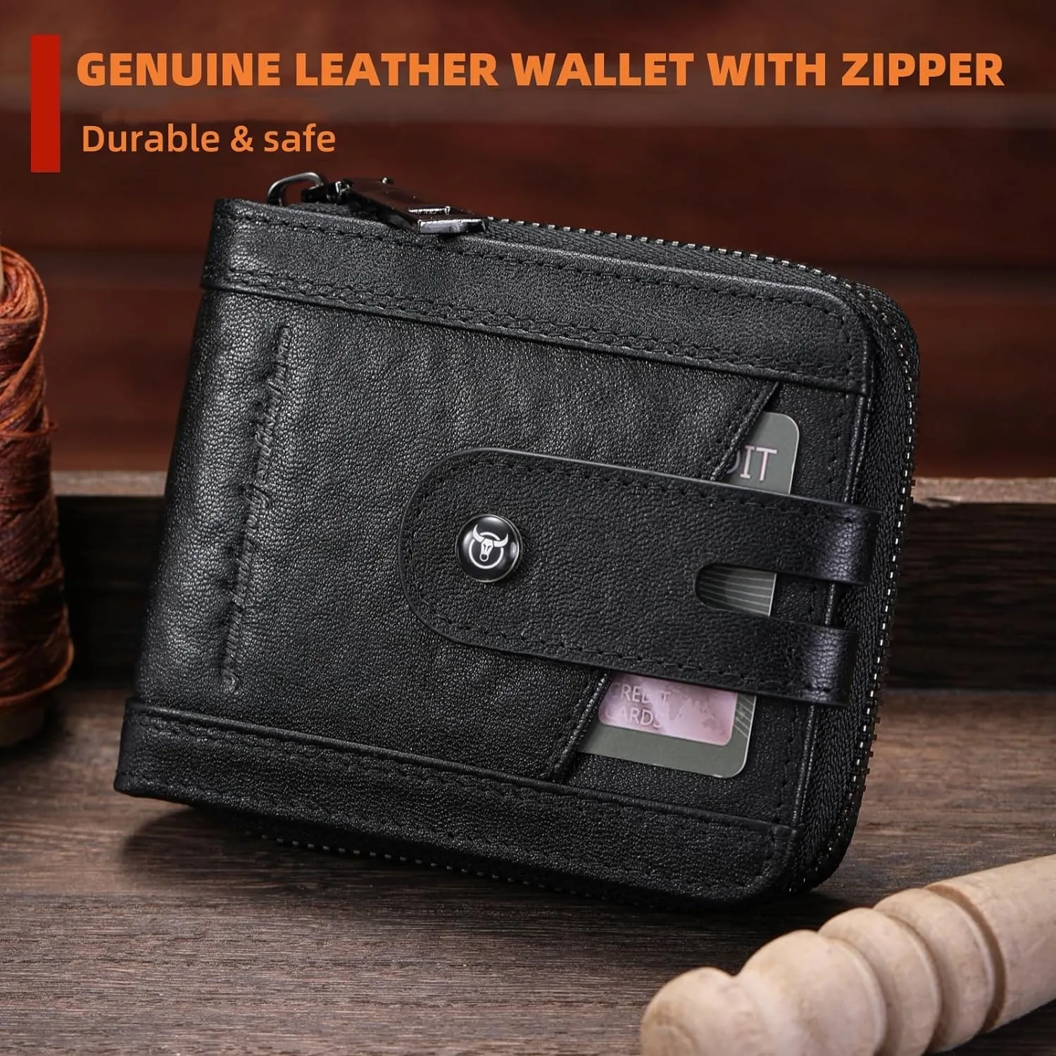 BULLCAPTAIN Genuine Leather Men's Wallet with Zipper Vintage RFID Blocking Large Capacity Wallet for Men with 14 Credit Card Slots and 1 ID Window T23 (Black)