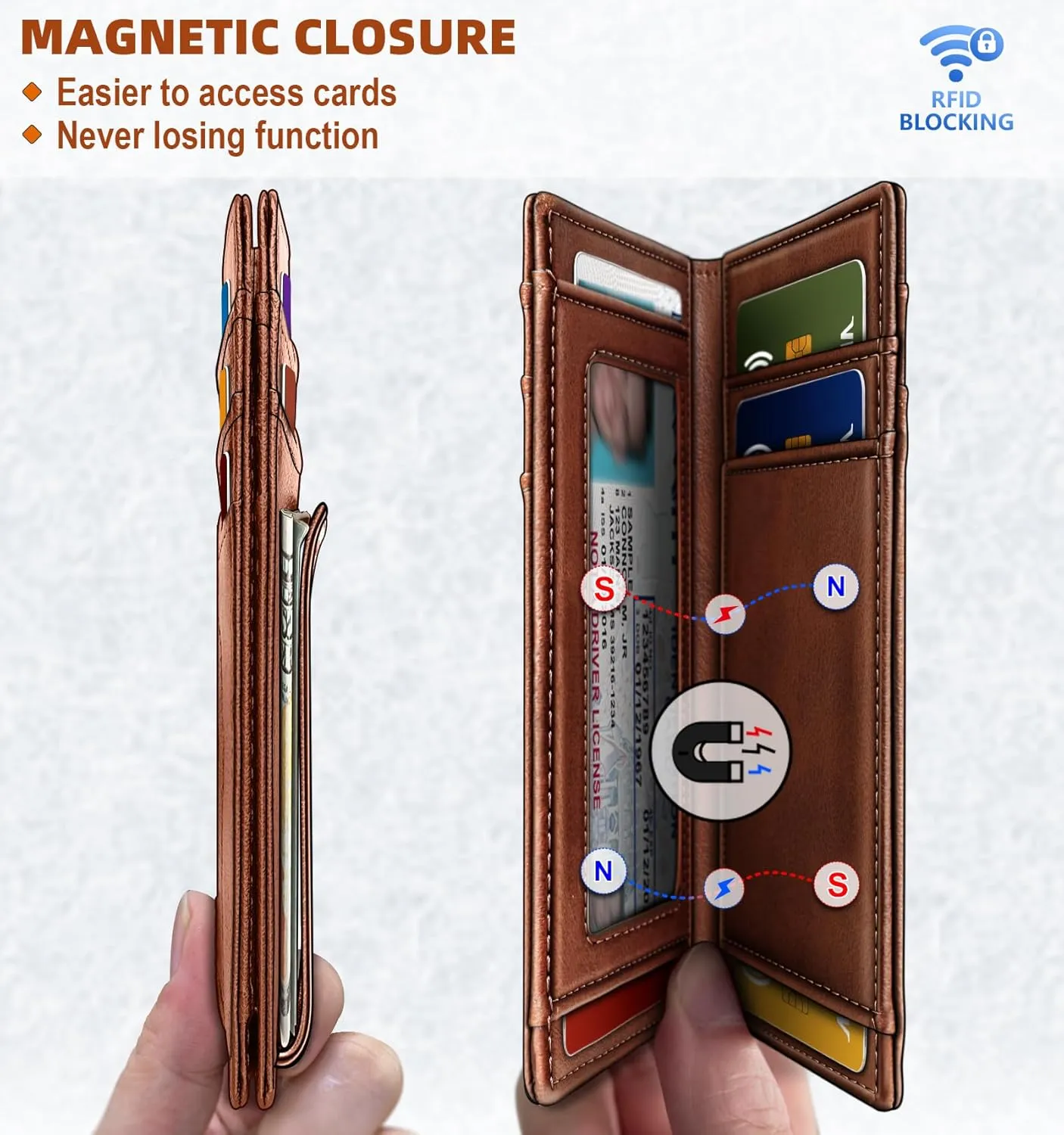BULLIANT Magnetic Closure Slim Wallet-Genuine Leather Front Pocket Wallet for Men,RFID Blocking,Holds 12 Cards and Money Clip