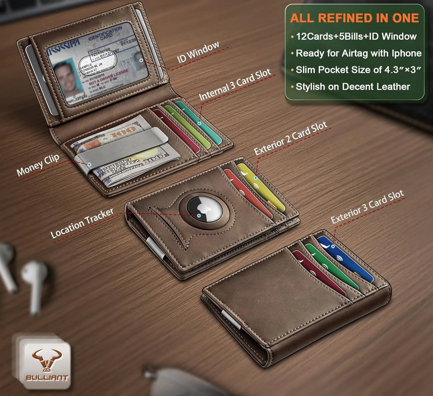 BULLIANT Men Airtag Wallet,Slim Wallet Money Clip Card Holder Magnetic Closure 12 Cards in Front Pocket RFID Blocking