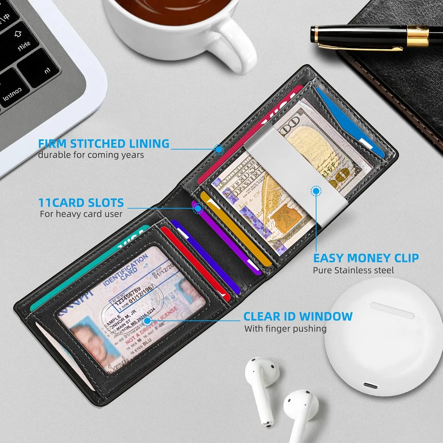 BULLIANT Men Wallet, Slim Leather Wallet Money Clip for Gift Men 3"X4.3" RFID Blocking 11 Cards