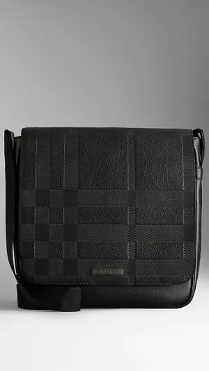 Burberry  - Embossed Check Leather Messenger Bag