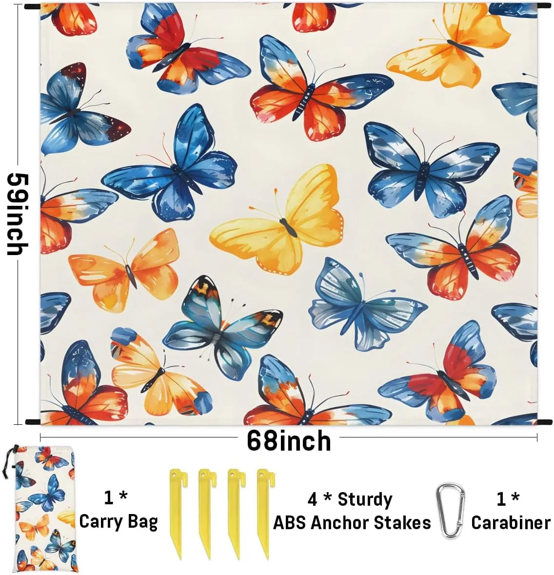 Butterfly Beach Blanket, Sandproof Beach Mat, 68 x 59 Waterproof Quick Drying Sand Free Mat with 4 x Ground Spikes for Outdoor Travel Camping Hiking, Watercolor Butterfly