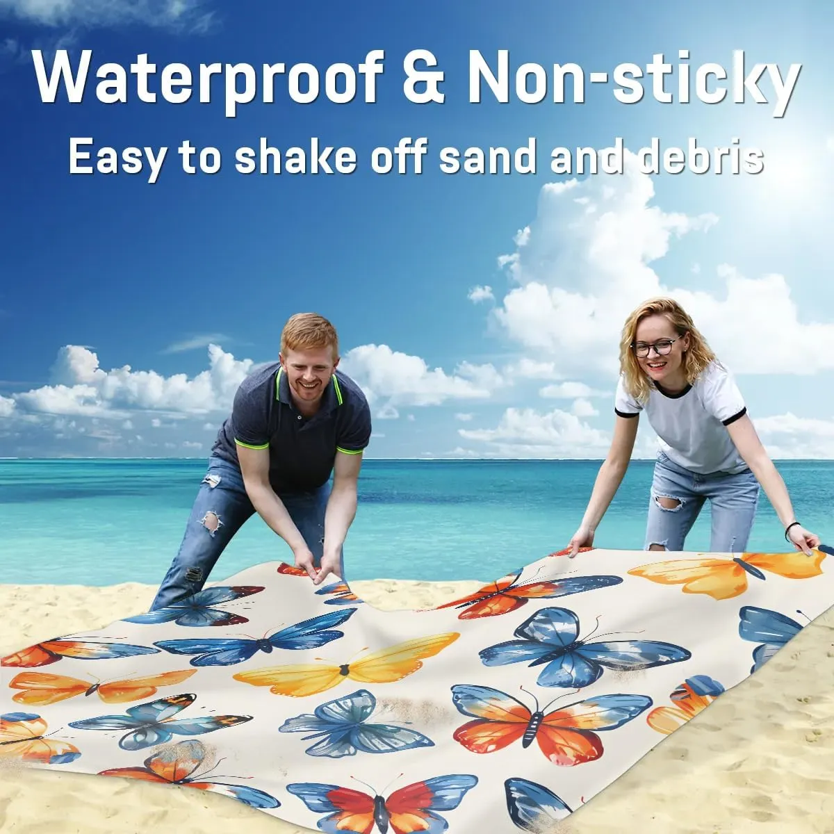 Butterfly Beach Blanket, Sandproof Beach Mat, 68 x 59 Waterproof Quick Drying Sand Free Mat with 4 x Ground Spikes for Outdoor Travel Camping Hiking, Watercolor Butterfly