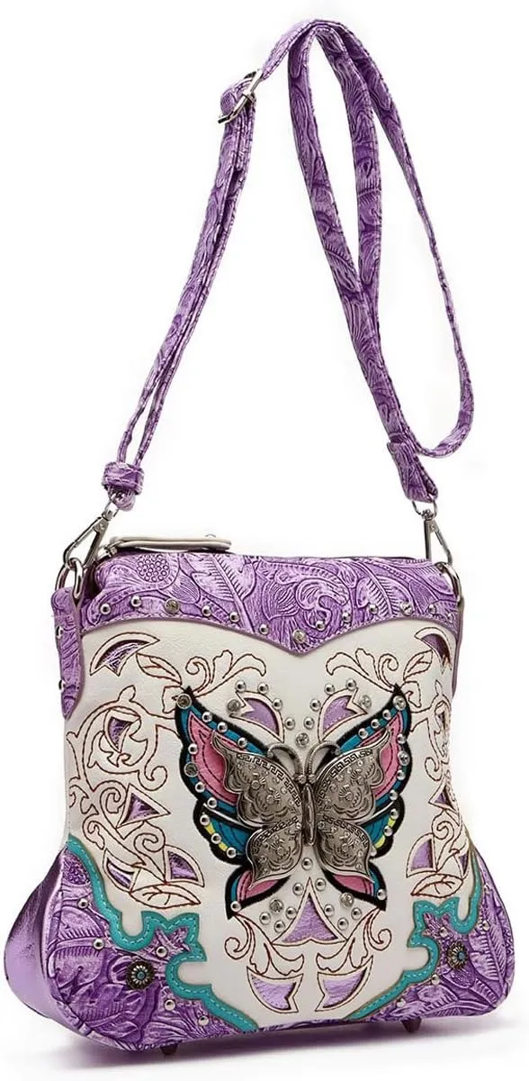Butterfly Flower Springtime Purse Women Clutch Western CCW Rhinestone Crossbody Handbags With Mini Wallet