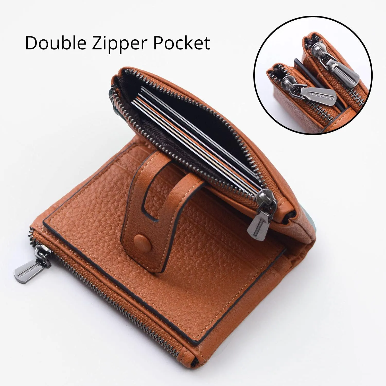 Bveyzi Small Soft Leather Wallet for Women RFID Blocking Ladies Card Holder with Double Zipper Pocket